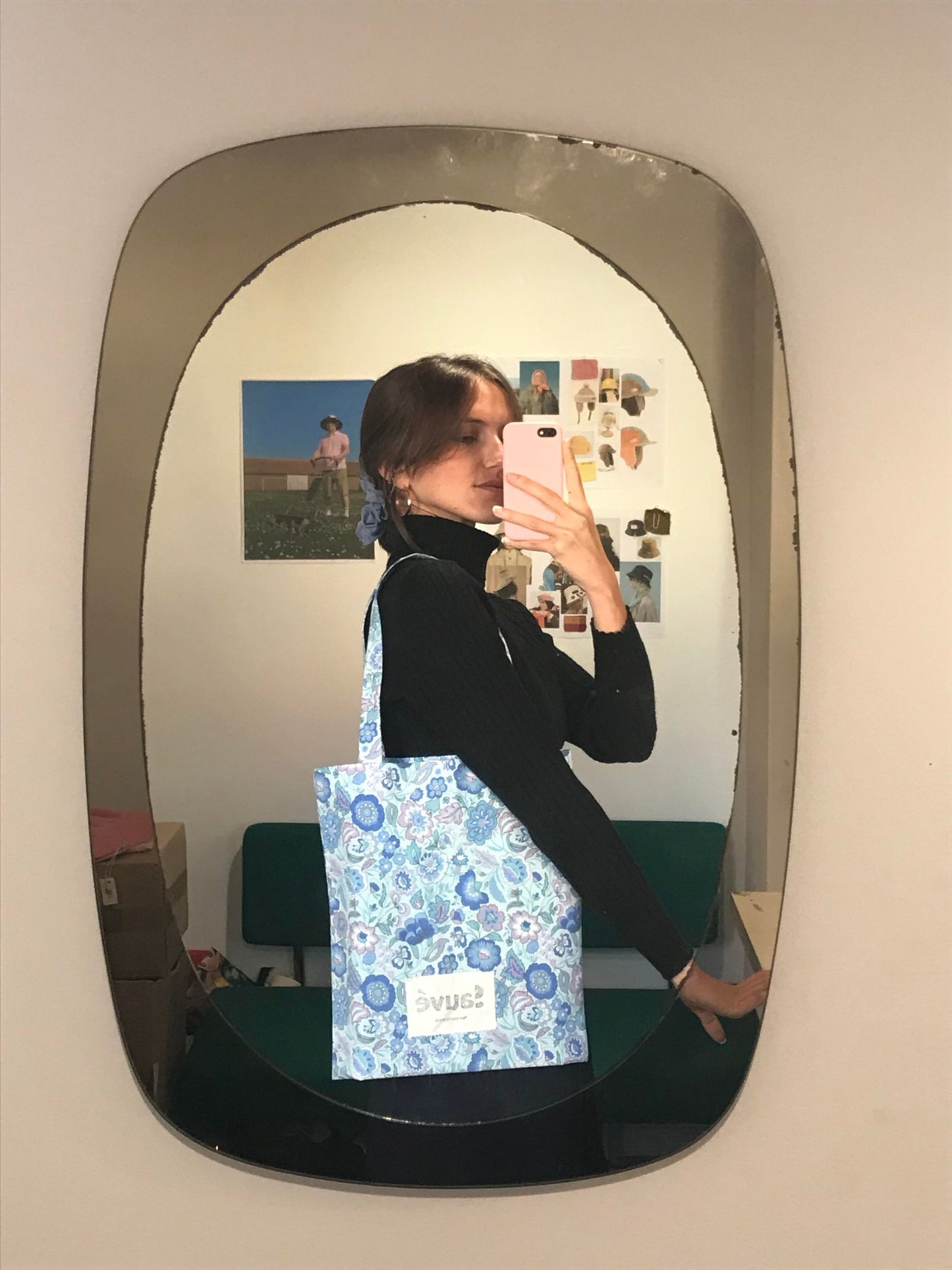 Tote bag bleu fleurs vintages